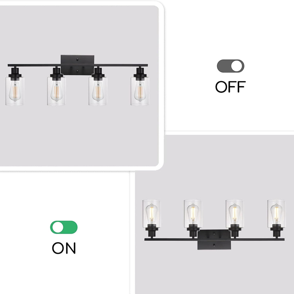 MELUCEE 4 Lights Sconces Wall Lighting Black with Clear Glass Shade, Industrial Bathroom Light Fixtures Vanity Lights Porch Light Fixtures Wall Mount (Patent No.: US D963914 S)