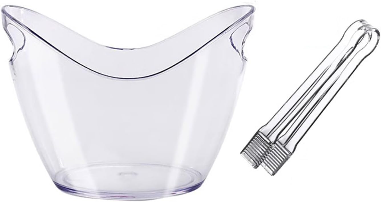 Portable Clear Acrylic Ice Bucket with Tongs, 8 Liter Plastic Tub Oval Storage Buckets for Drinks and Parties Wine, Beer, Champagne Party