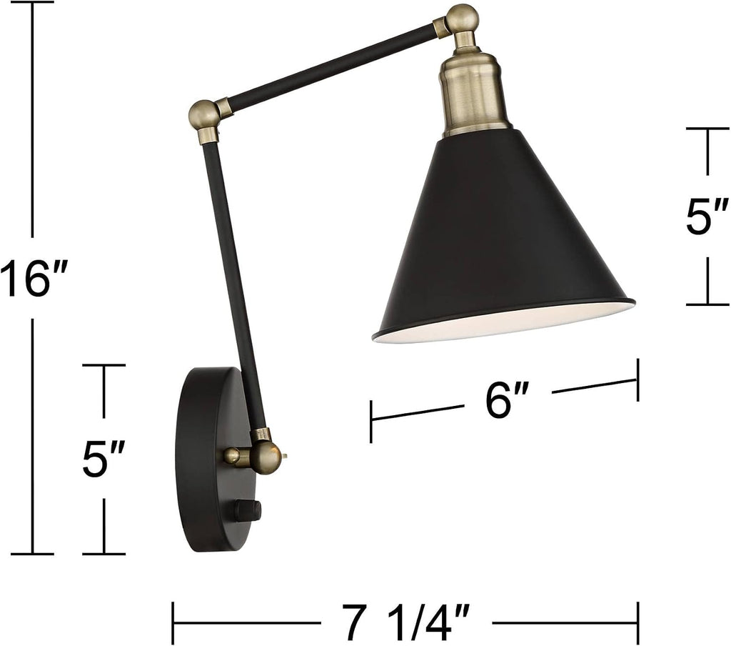 360 Lighting Wray Modern Indoor Adjustable Swing Arm Wall Lamp with Cord Set of 2 Black Antique Brass Plug-in Light Fixture Dimmable Metal Shade for Bedroom Bedside House Reading Living Room