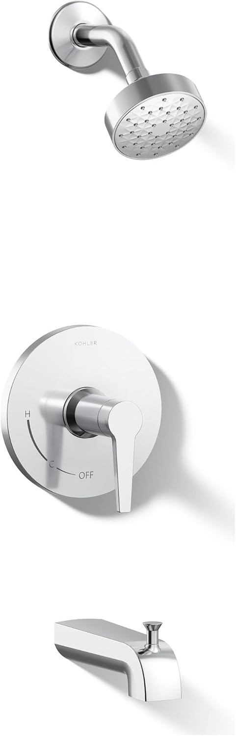 KOHLER K-TS97074-4G-CP Pitch Bath and Shower Trim Kit, Single-Function Showerhead, Diverter Bath Spout and Faceplace with Handle, 1.75 GPM, Polished Chrome