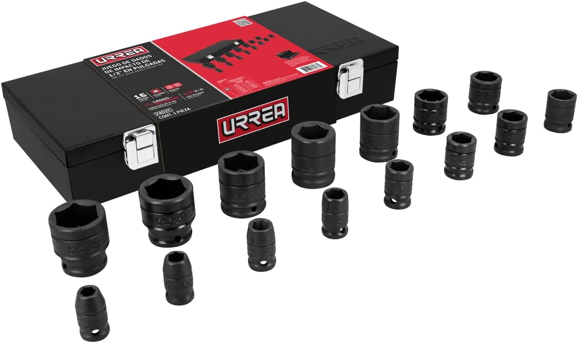 Urrea 7402C 1/2' Square Drive Impact Socket Set, Boxed, 15-Piece