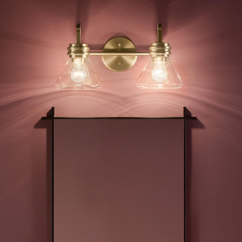 Kichler Farum 19.25' 2-Light Bathroom Vanity Light Fixture with Clear Glass in Champagne Bronze for Vanity Mirror, Jack & Jill Layout, Over Mirror (19.25' W x 9.5' H), 55154CPZCLR