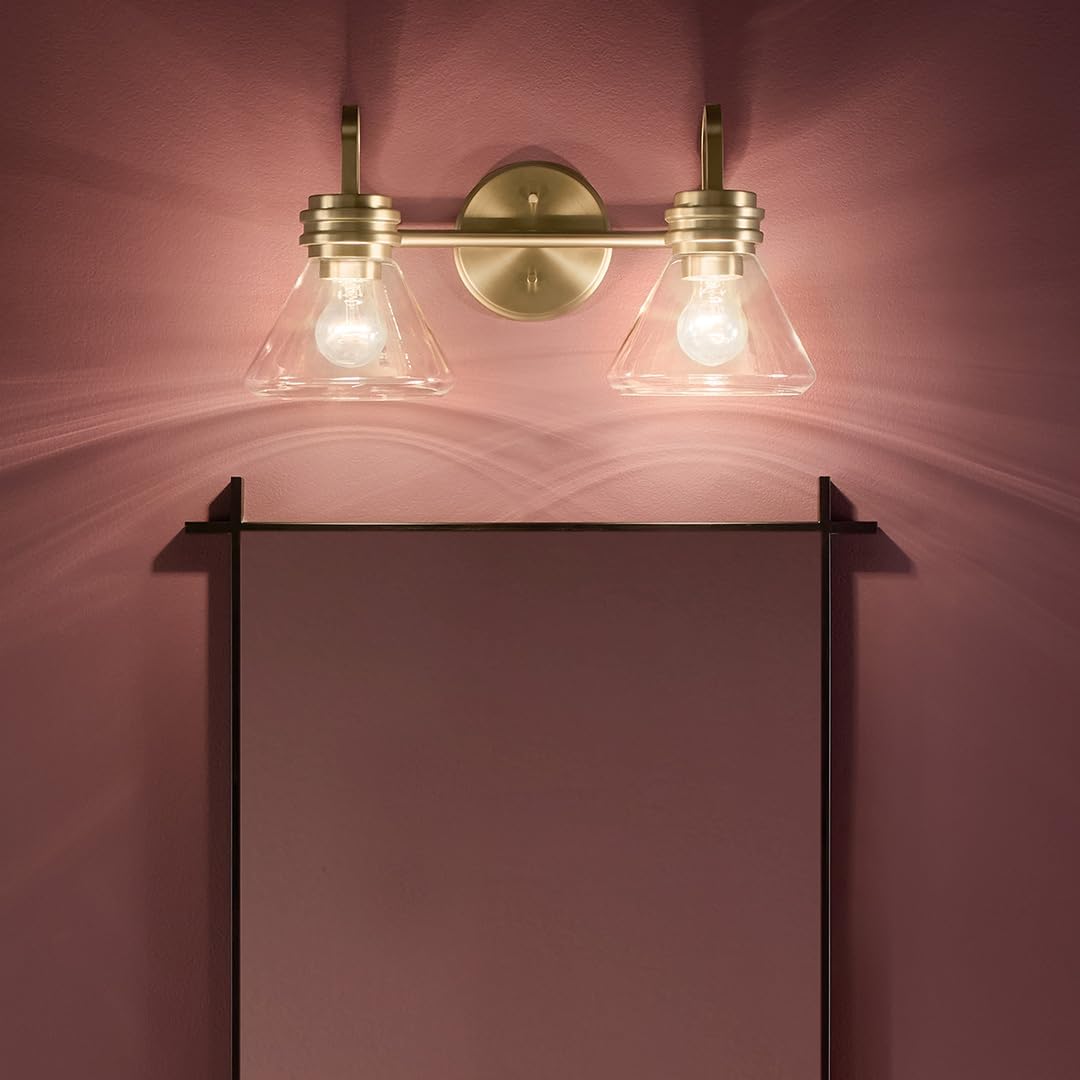 Kichler Farum 19.25' 2-Light Bathroom Vanity Light Fixture with Clear Glass in Champagne Bronze for Vanity Mirror, Jack & Jill Layout, Over Mirror (19.25' W x 9.5' H), 55154CPZCLR