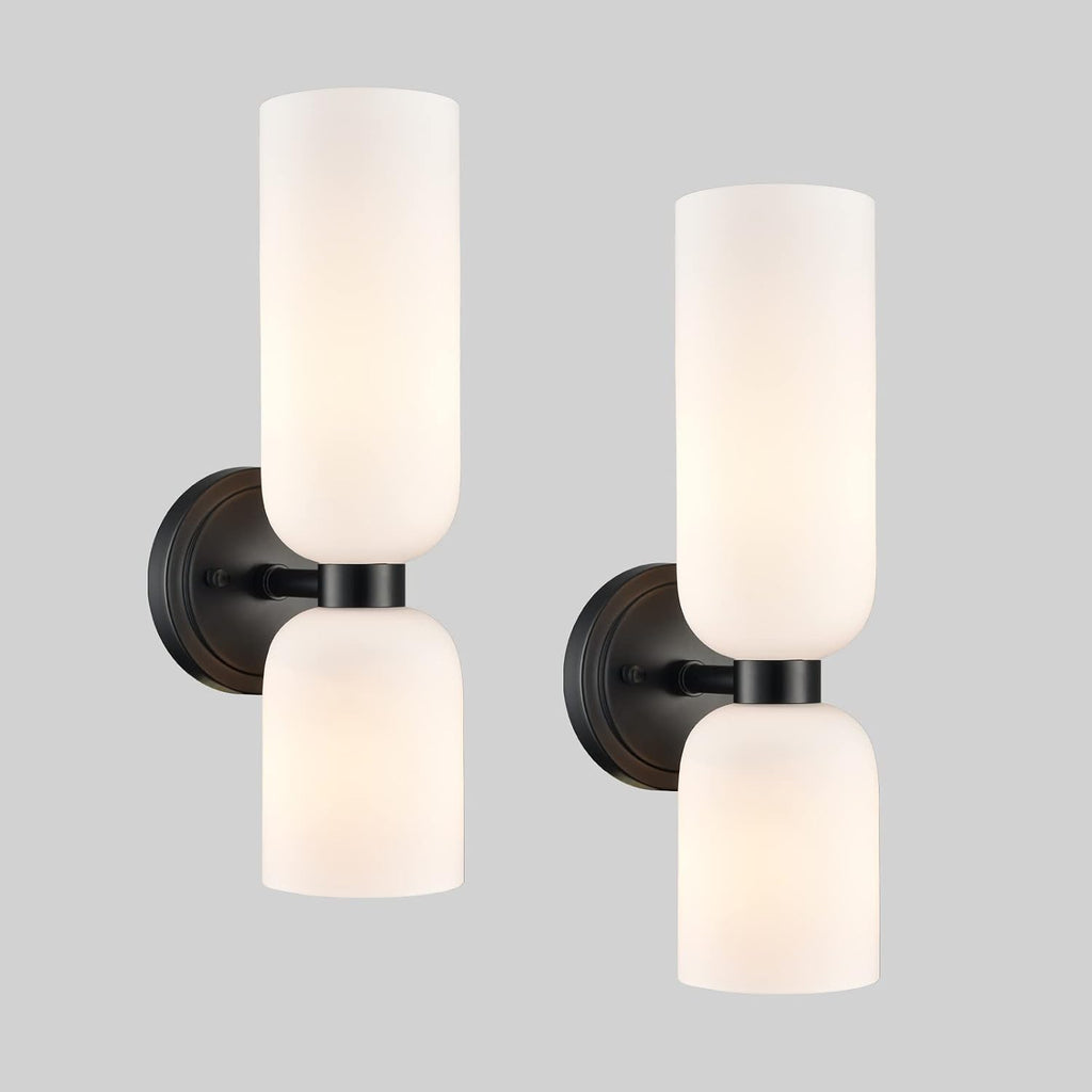 DEYNITE Black Wall Sconces Set of 2 Modern Farmhouse 2-Light Wall Light Bathroom Vanity Light,Milky White Glass Light for Bedroom, Living Room, Kitchen
