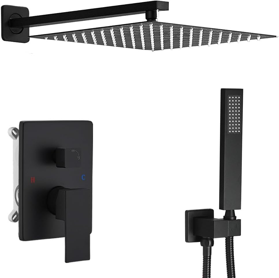 Matte Black Shower System 10 Inch Bathroom Luxury Rain Mixer Shower Combo Set Wall Mounted Rainfall Shower Head and Handheld System Shower Faucet Rough-in Valve Body and Trim Kit