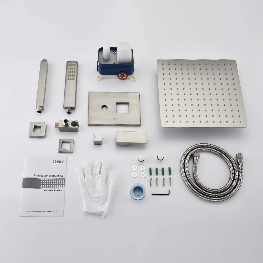 Iriber Ceiling Mount Rain Shower System with Shower Head and Handheld Bathroom Shower Set Contain Shower Faucet Mixer and Trim Kit (Valve Included) (Brushed Nickel)