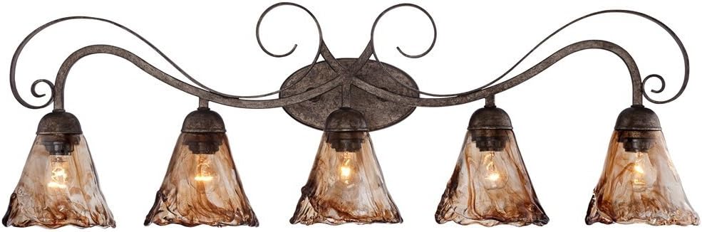 Franklin Iron Works Amber Scroll Rustic Vintage Wall Mount Light Golden Bronze Silver Metal 37 1/4' Wide 5-Light Vanity Fixture Organic Art Glass Shades Decor for Bathroom Over Mirror House Home