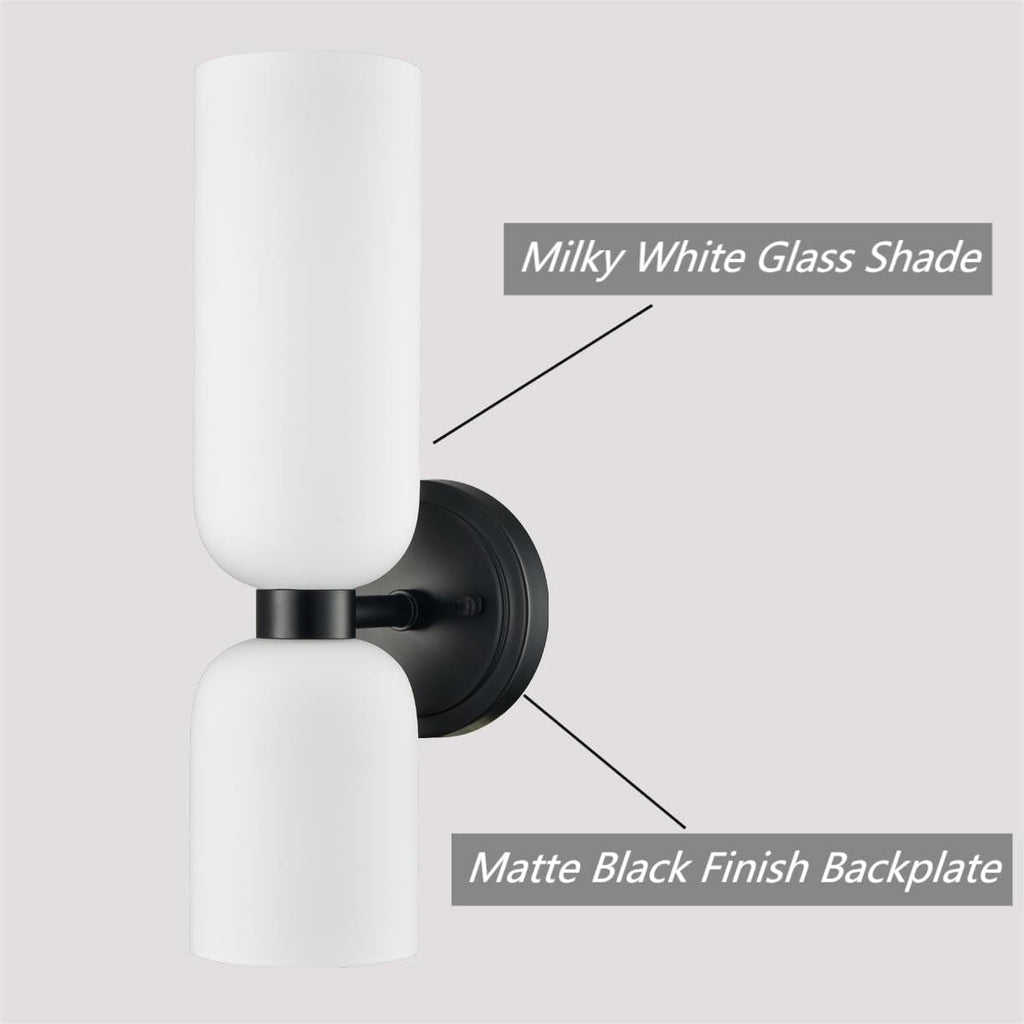 DEYNITE Black Wall Sconces Set of 2 Modern Farmhouse 2-Light Wall Light Bathroom Vanity Light,Milky White Glass Light for Bedroom, Living Room, Kitchen