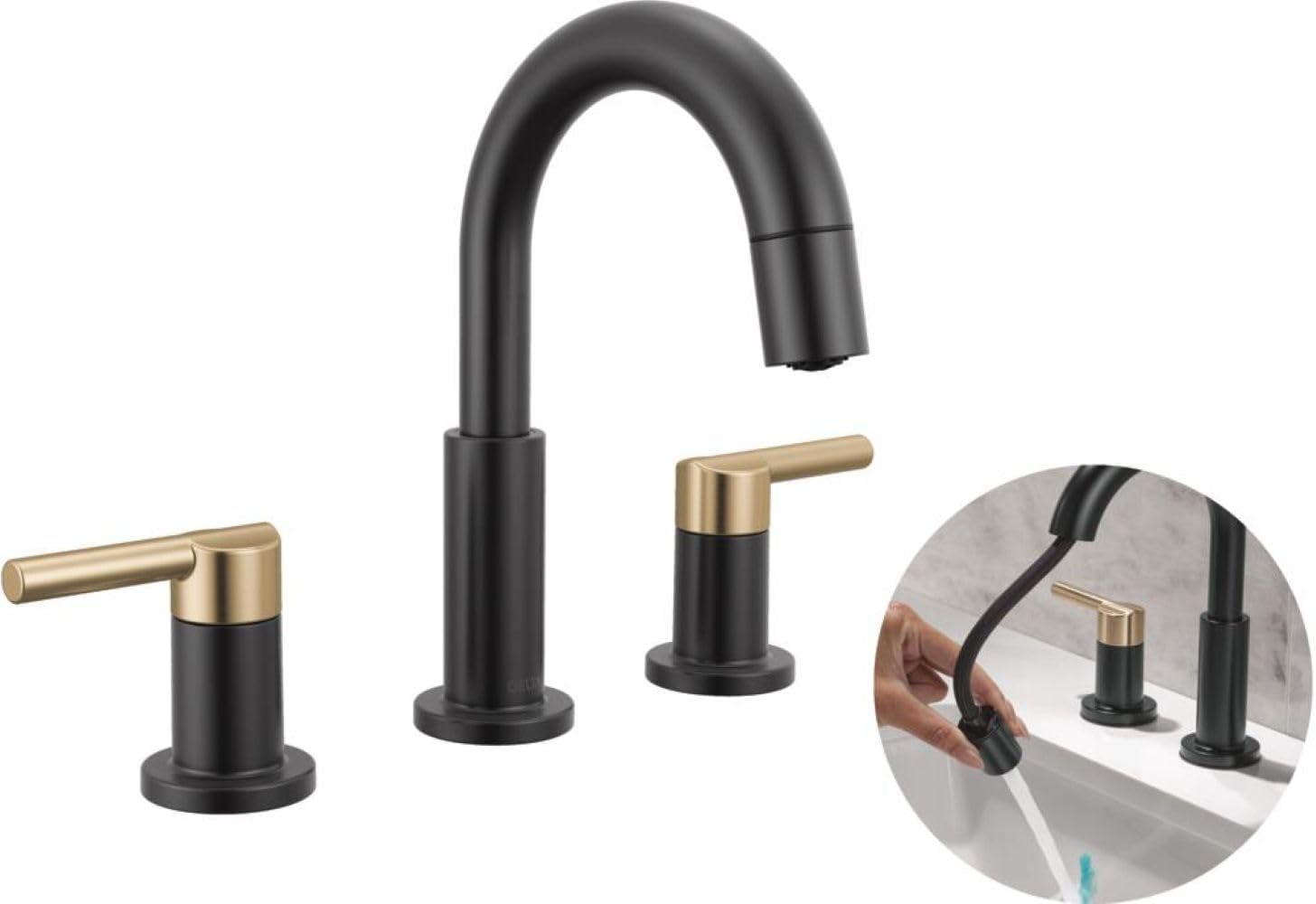Delta Nicoli Matte Black/Brushed Gold Bathroom Faucet with Sprayer, 8 Inch 3 Hole Widespread Bathroom Sink Faucet with Pull Out Sprayer, Push-Pop Drain, Matte Black/Champagne Bronze 35749LF-GZPD