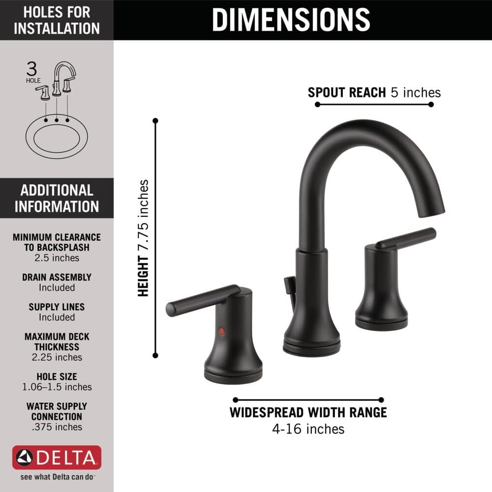 Delta Trinsic Matte Black Bathroom Faucet 3 Hole, 8 Inch Widespread Bathroom Sink Faucet for Vanity, Metal Push-Pop Drain Assembly, Matte Black 3559-BLMPU-DST