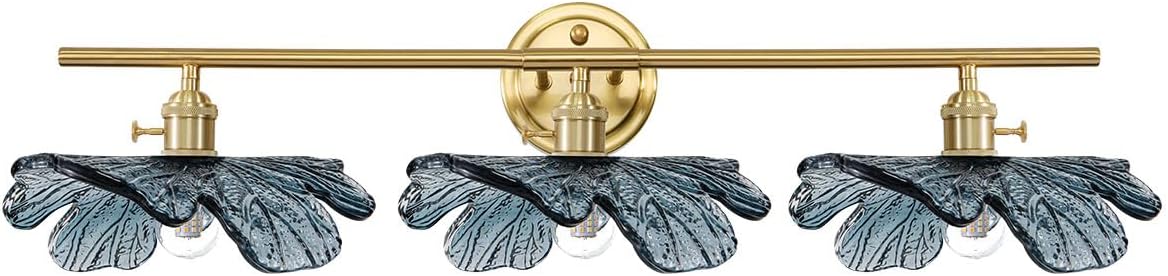 Vintage Bathroom lighting fixtures Gold Brass Bathroom Vanity Light 3-Light Modern Wall Sconce Indoor Wall Light with Blue Glass flower Shade Mid Century Wall Lighting for Bedroom Hallway Living Room