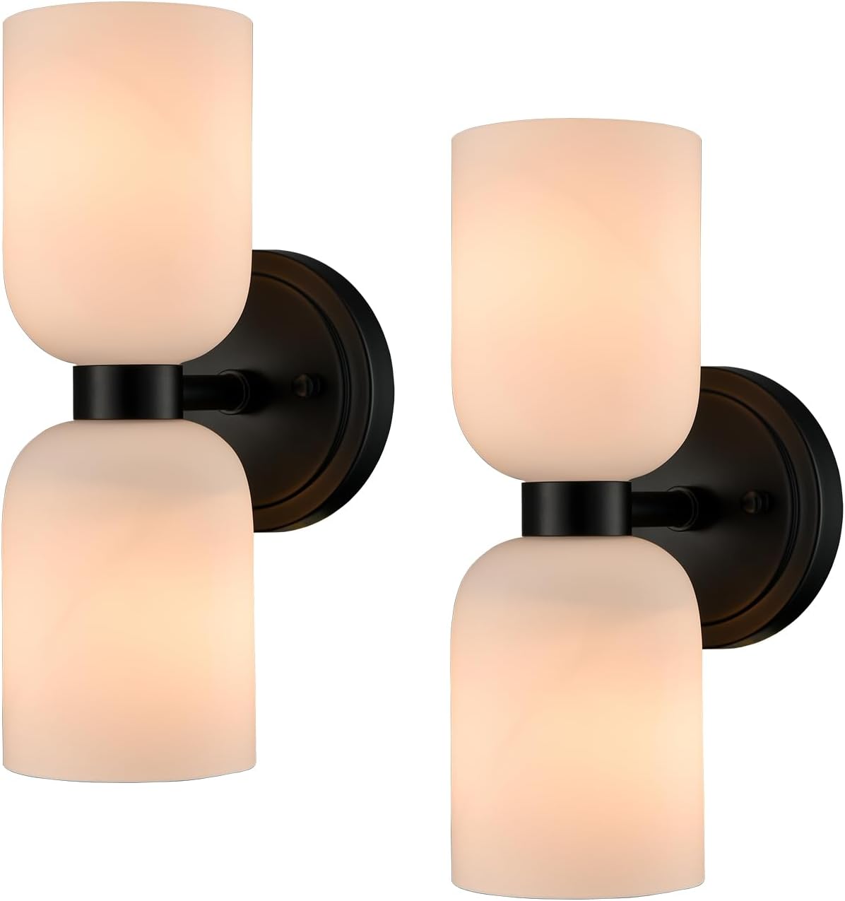 CLAXY Black Wall Sconces Set of 2 Glass Vine Shades | Milky White Glass Shade, Dual Shades Wall Lights for Bathroom Bedroom Hallway Kitchen Dimmable