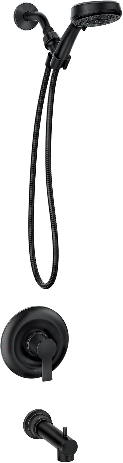 Moen Meena Matte Black Single Handle Modern Shower Faucet Set with Handshower and Tub Spout for Bathtub, Valve Included, 82618BL