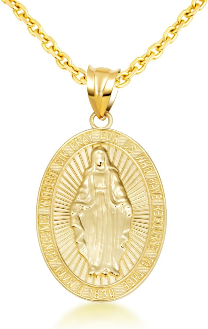 Gold Reversible Virgin Mary Miraculous Medal Pendant Necklace | 10K or 14K Yellow, Rose, or White Gold | Choice of Chain Length/Pendant Only