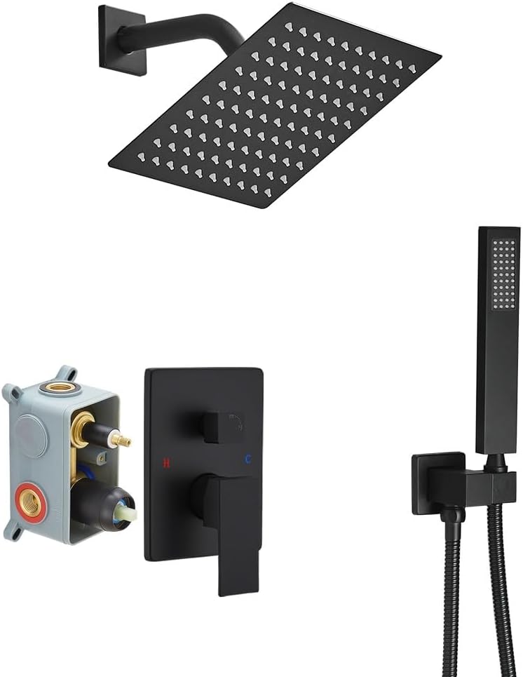 Matte Black Shower System Bathroom Rainfall Shower Faucet Set Complete Wall Mounted 8 Inch Shower Head and Handle Set with Rough-in Valve Body and Trim Kit
