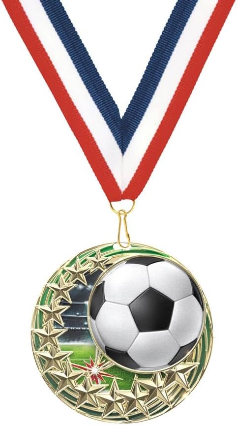 Wilson Trophy 2.25' Star Blast Gold Soccer Medal with Custom Engraving - Includes Patriotic Neck Ribbon - Ideal for Soccer Achievements