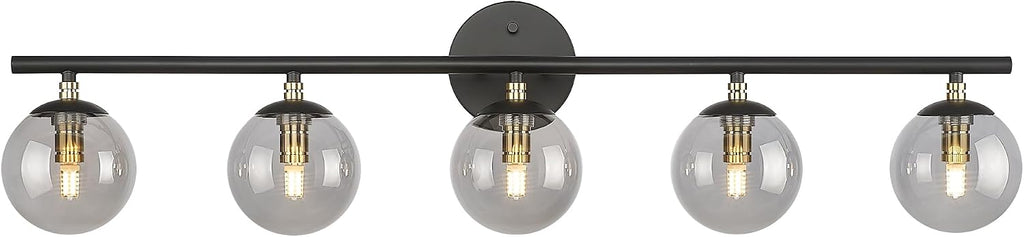 LMS 5-Light Matte Black Vanity Light, Modern Bathroom Lighting Over Mirror, Black and Brass Gold Finish with Globe Glass Shade, LMS-116-5