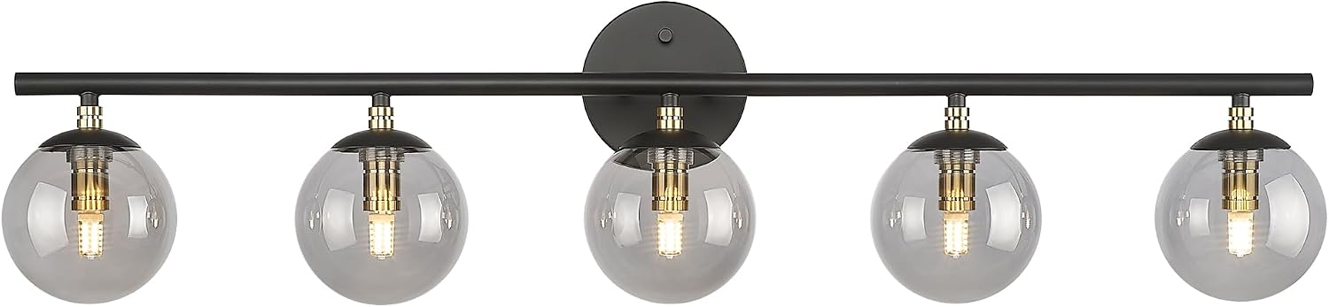 LMS 5-Light Matte Black Vanity Light, Modern Bathroom Lighting Over Mirror, Black and Brass Gold Finish with Globe Glass Shade, LMS-116-5