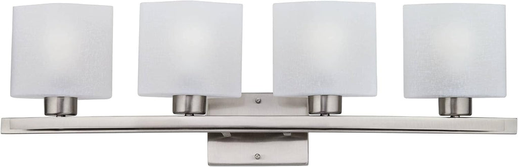 Possini Euro Design Modern Wall Mount Light Brushed Nickel Silver Hardwired 32' Wide 4-Light Fixture Curved Frame White Linen Glass Shade for Bedroom Bathroom Vanity Reading Living Room Hallway