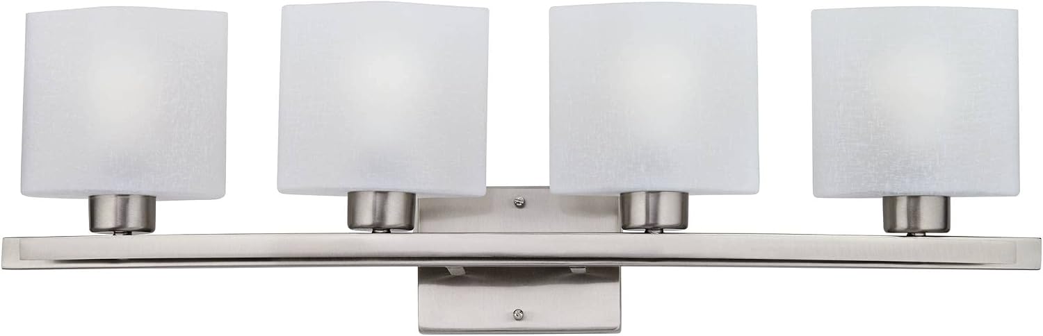 Possini Euro Design Modern Wall Mount Light Brushed Nickel Silver Hardwired 32' Wide 4-Light Fixture Curved Frame White Linen Glass Shade for Bedroom Bathroom Vanity Reading Living Room Hallway