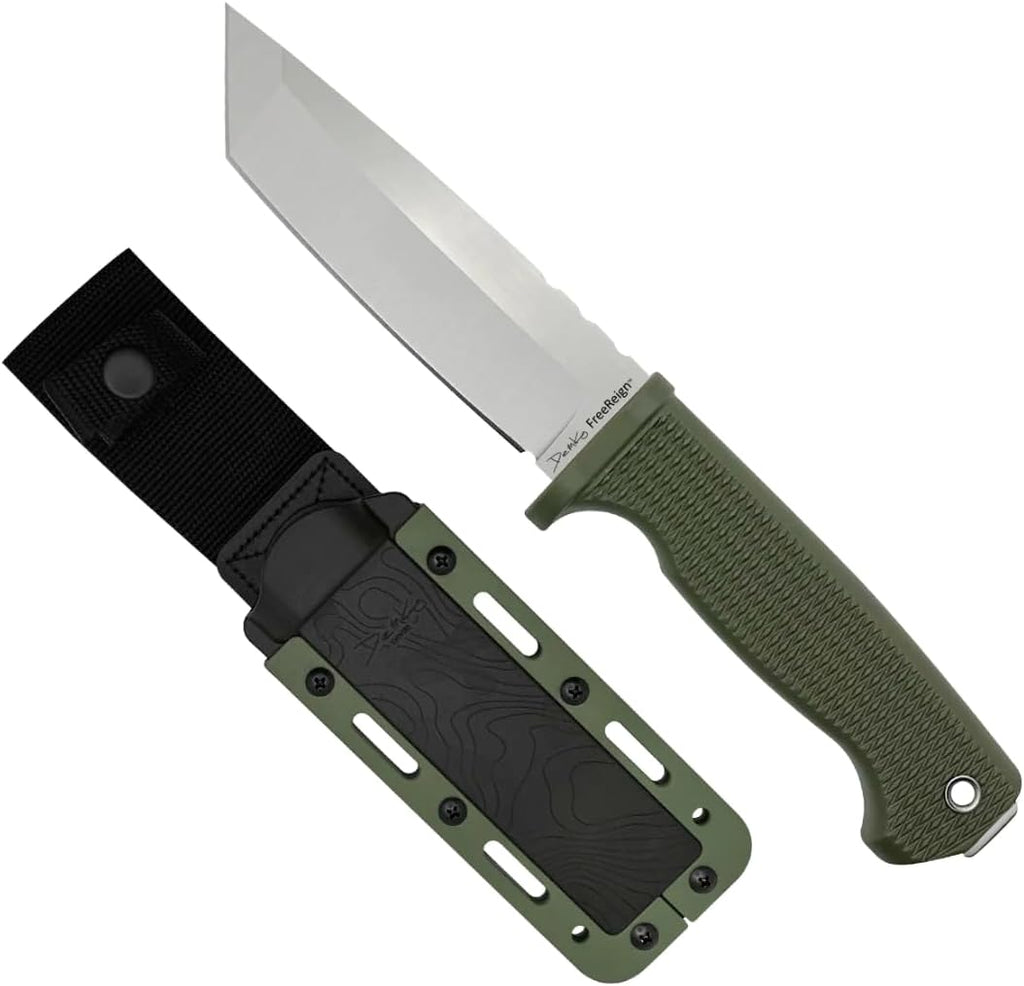 Demko Knives FreeReign Fixed Blade Knife 5' AUS-10A Satin Drop Point or Tanto w/Sheath & Belt Loop (Tanto/Green/Grey)