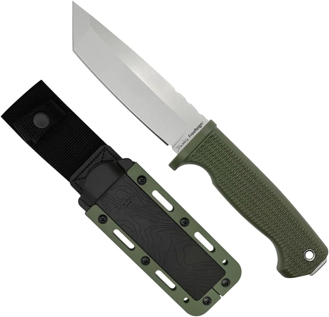 Demko Knives FreeReign Fixed Blade Knife 5' AUS-10A Satin Drop Point or Tanto w/Sheath & Belt Loop (Tanto/Green/Grey)