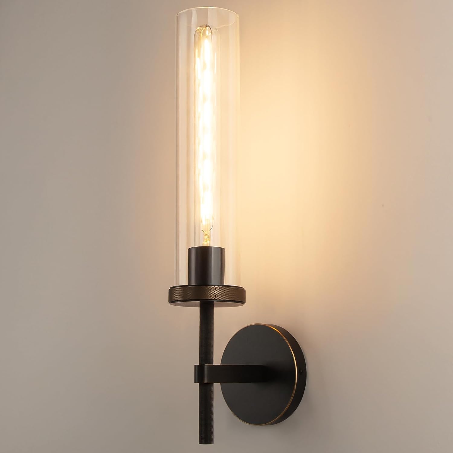 19.5' Knurled Brass Wall Sconce with Clear Glass Tube, Black Gold Bathroom Vanity Light Fixtures, Modern Lamp Lighting for Bedroom, Living Room, Hallway, Staircase, Mirror, Kitchen