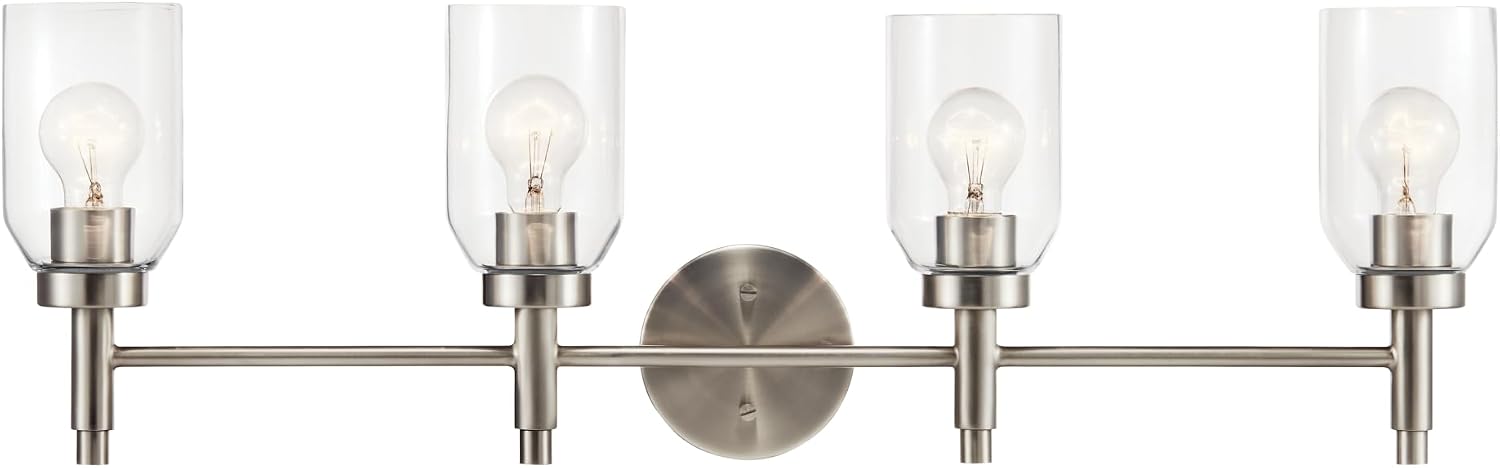 Kichler Madden 4-Light Bathroom Vanity Light Fixture with Clear Glass in Brushed Nickel, Modern Wall Mount for Single or Double Vanity Over Mirror (10.5' x 34'), 55186NI