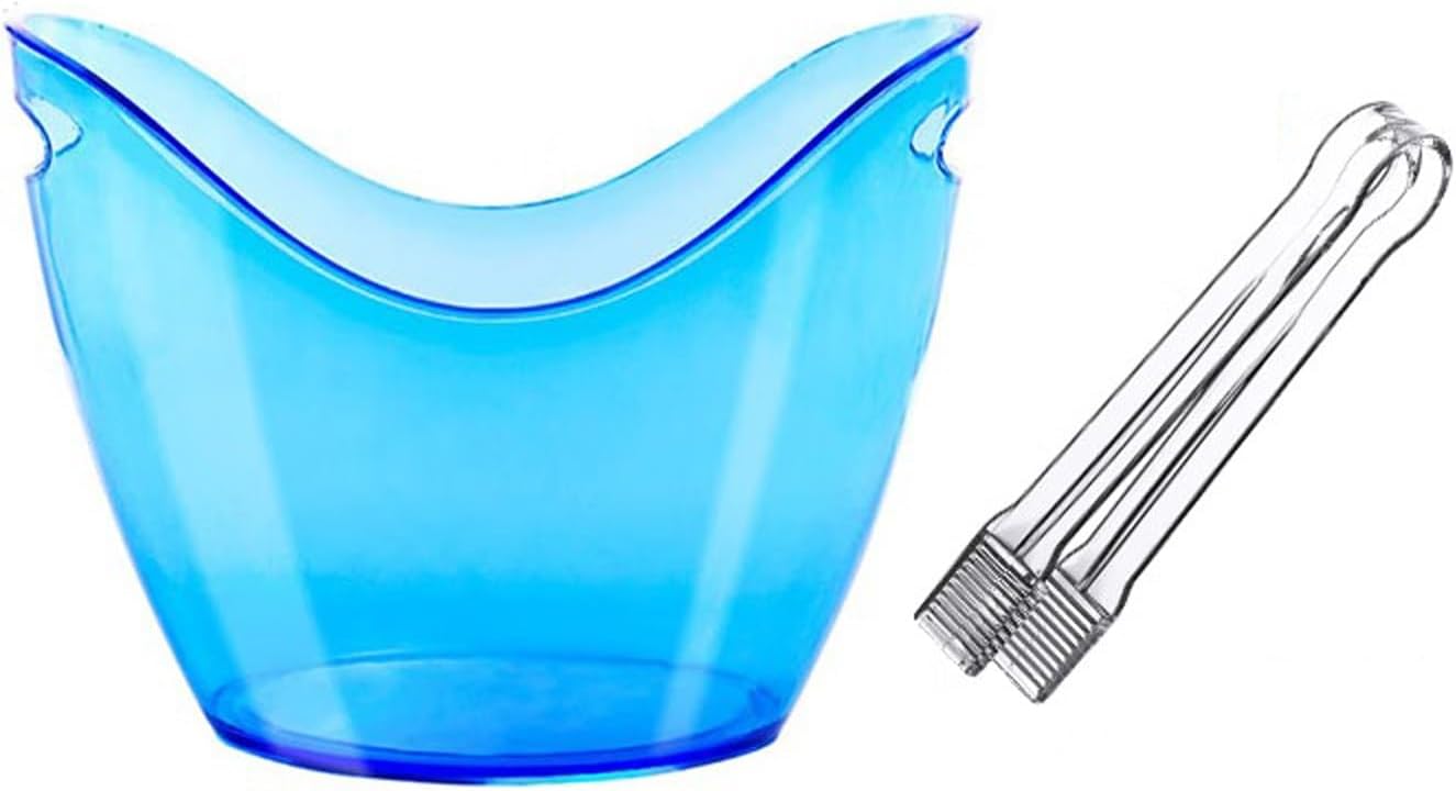 Portable 8 Liter Acrylic Ice Bucket with Tongs, Plastic Tub Oval Storage Buckets for 2 Wine or Champagne Bottles Party