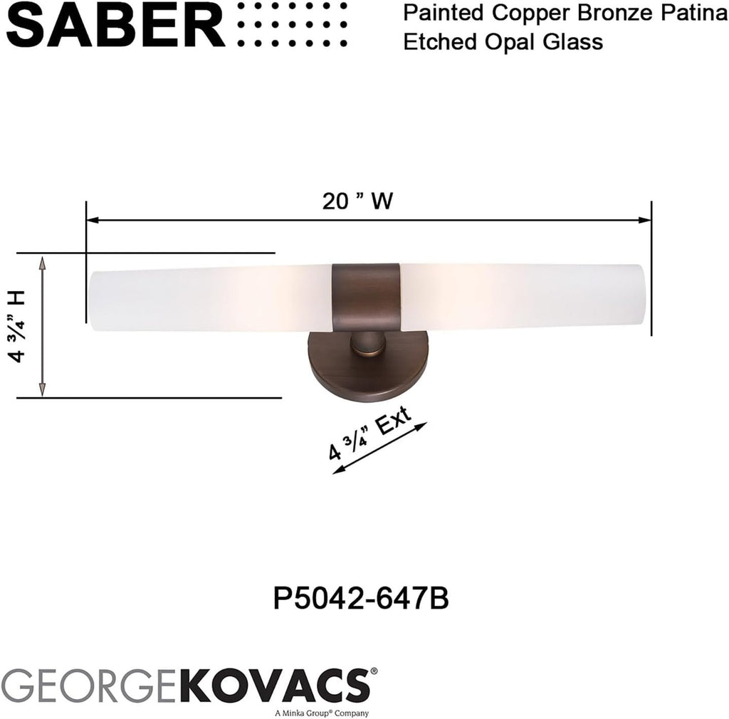 GEORGE KOVACS P5042-647B Saber Vanity Bath Light, 2-Light, 120 Total Watts, 4.75-in H x 20-in W, Painted Copper Bronze Patina
