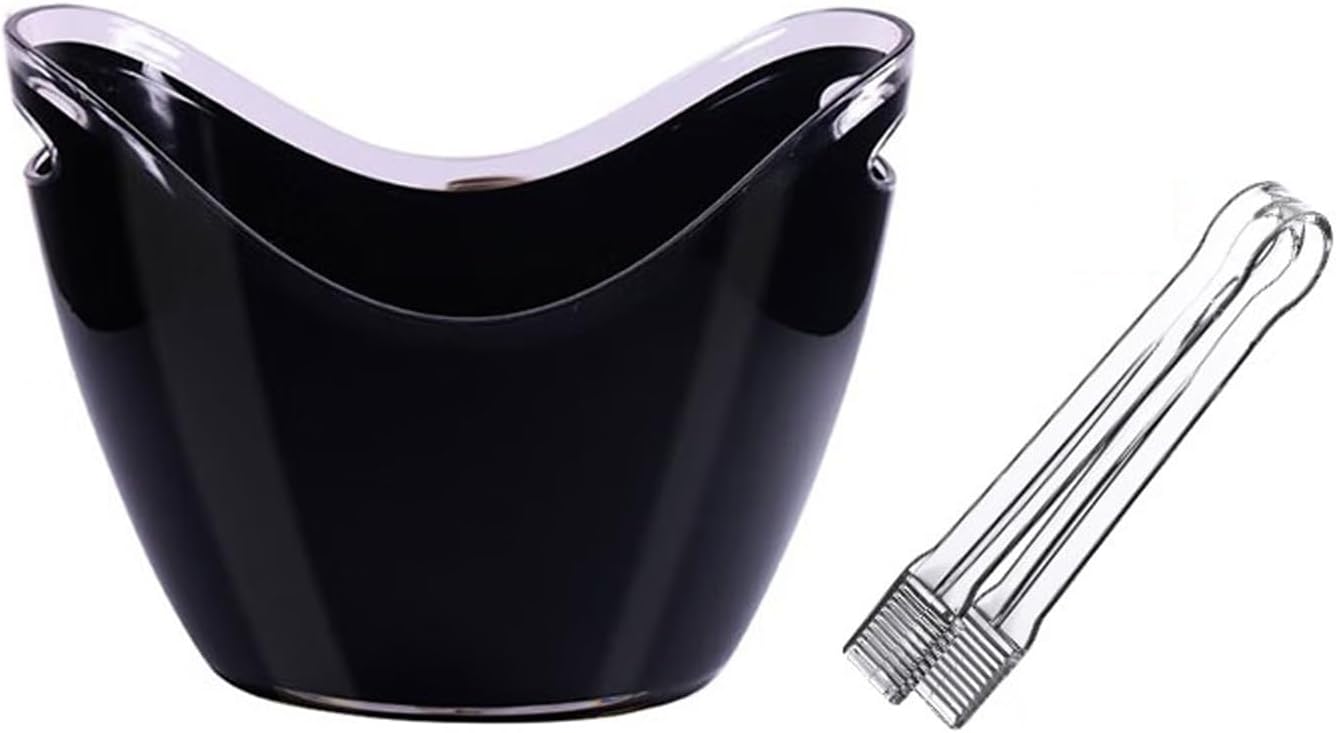 Portable 8 Liter Acrylic Ice Bucket with Tongs, Plastic Tub Oval Storage Buckets for 2 Wine or Champagne Bottles Party