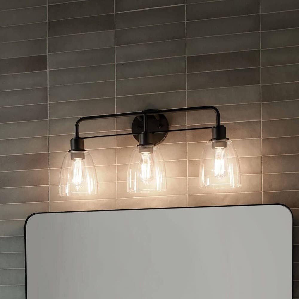 Kichler Meller 24.25' 3-Light Bathroom Vanity Light Fixture with Clear Glass Shades in Brushed Nickel, Industrial Modern Style Over Mirror (24.25' x 11.25' x 7'), 55102NI