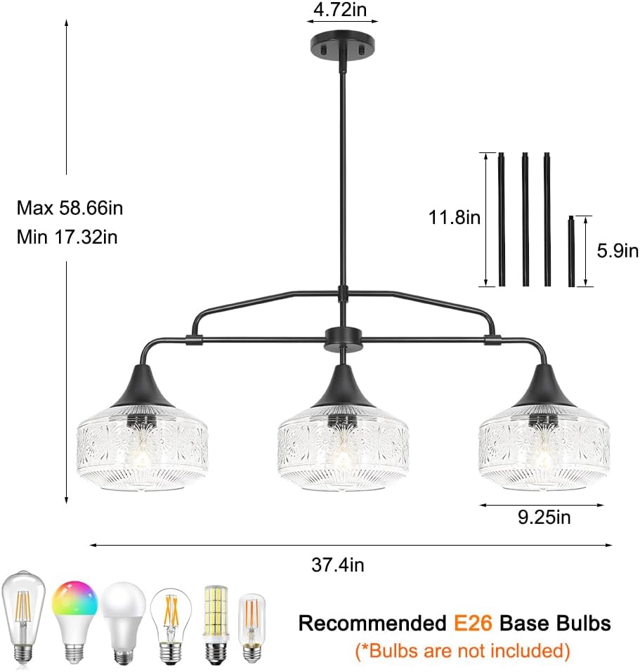 Farmhouse Kitchen Island Lighting, Black 3-Light Island Light for Kitchen, Adjustable Dining Room Light Fixture Over Table, Linear Chandelier Pendant Lighting with Clear Glass for Living Room Sink