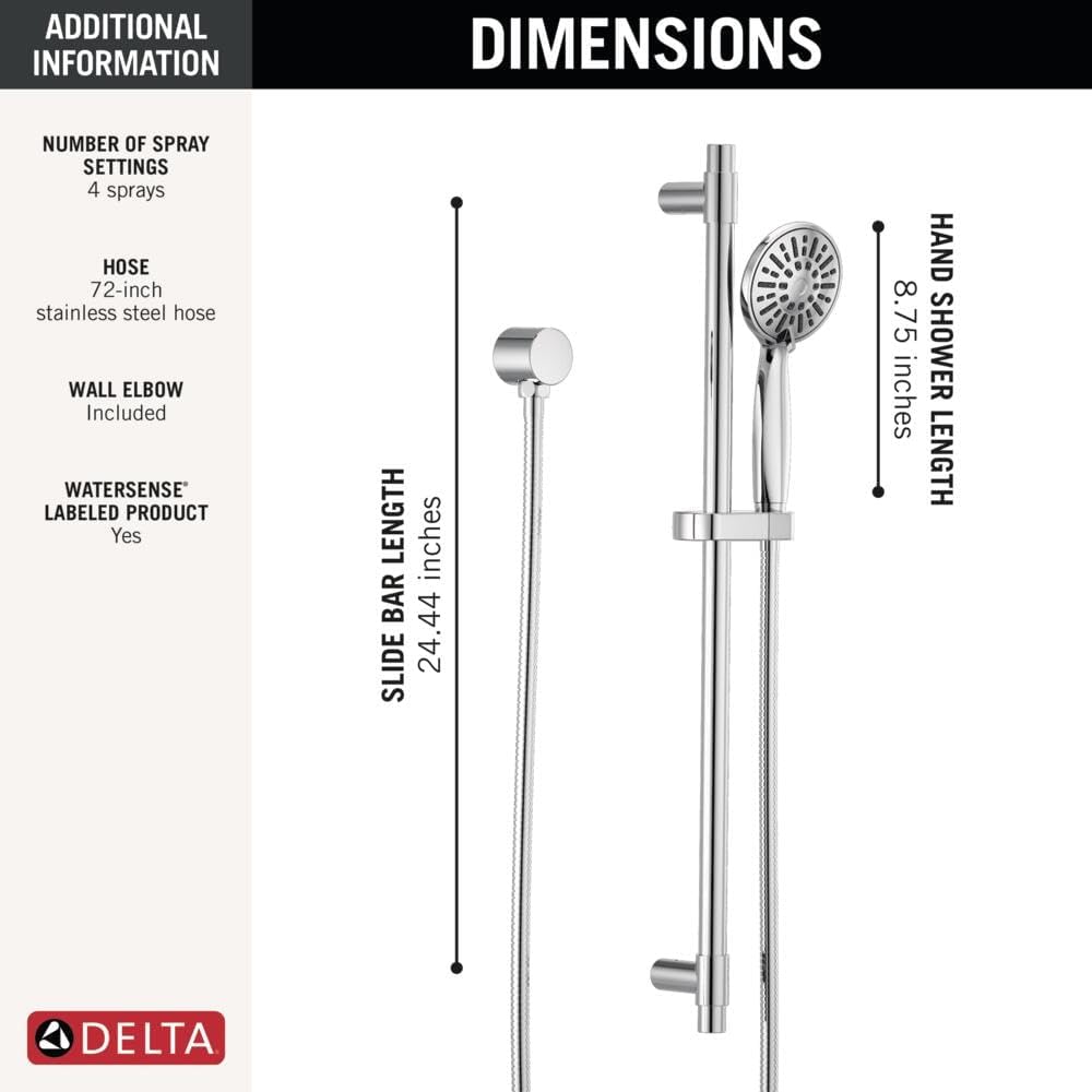 Delta Faucet Slide Bar Hand Held Shower with Hose, Chrome Handheld Shower Head, Slide Bar Hand Shower, Handheld Shower, Detachable Shower Head, Chrome 51361