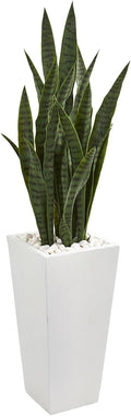 Nearly Natural 4' Sansevieria Artificial White Tower Planter Silk Plants Green