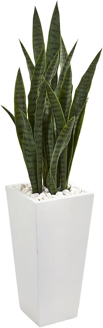 Nearly Natural 4' Sansevieria Artificial White Tower Planter Silk Plants Green