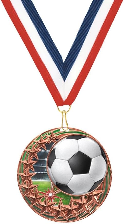 Wilson Trophy 2.25' Star Blast Bronze Soccer Medal with Custom Engraving - Includes Patriotic Neck Ribbon - Ideal for Soccer Team, League, and Season Awards