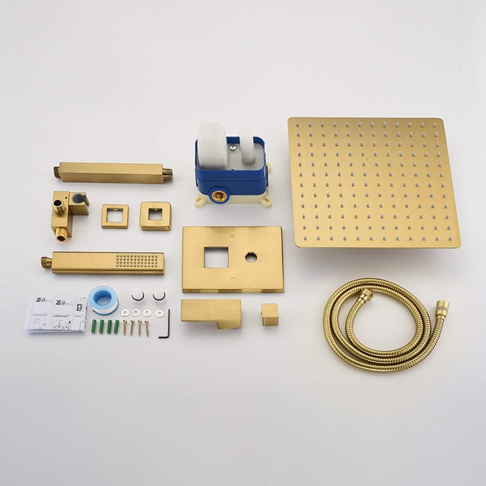Iriber Brushed Gold Ceiling Mount Rain Shower System with 12 Inch Shower Head and Handheld Bathroom Golden Shower Set Contain Shower Faucet Mixer Trim Kit (Valve Cartridge Included)