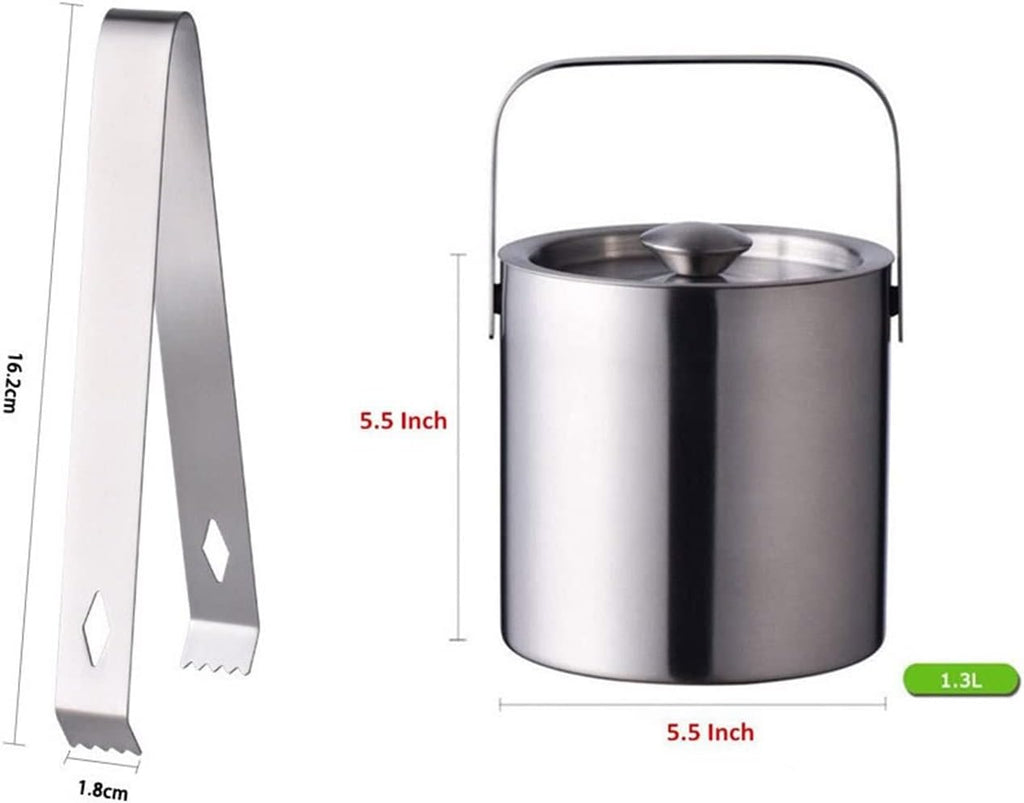 Ice Bucket 1.3L Portable Double Wall Stainless Steel Ice Bucket with Tong - Ice Buckets for Parties, Outdoor and Indoor Keeps Ice Cold & Dry