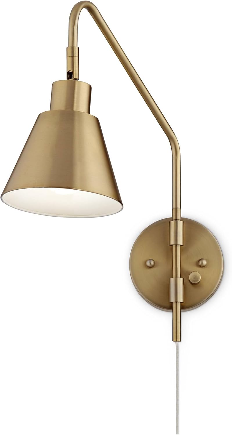 360 Lighting Marybel Modern Adjustable Swing Arm Wall Lamps Set of 2 Brass Gold Plug-in Light Fixture Tapered Cone Metal Shade for Bedroom Bedside House Reading Living Room Home Hallway