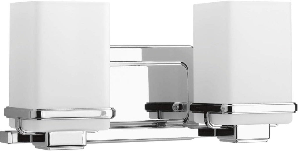 Progress Lighting 2 Light Bathroom Vanity Light, Coastal Style Modern Bath Lighting Fixture with Etched White Glass Shade for Over the Mirror, Reversible Mounting, Metric Collection, Polished Chrome