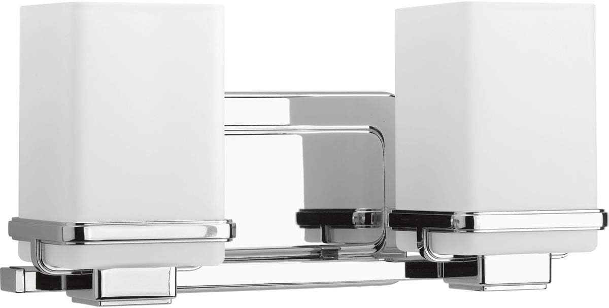 Progress Lighting 2 Light Bathroom Vanity Light, Coastal Style Modern Bath Lighting Fixture with Etched White Glass Shade for Over the Mirror, Reversible Mounting, Metric Collection, Polished Chrome