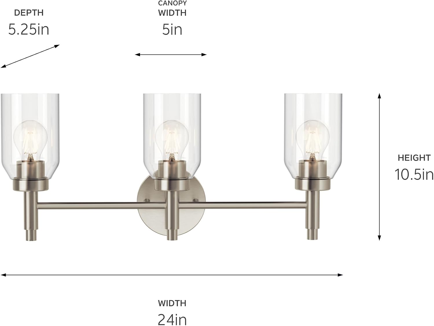 Kichler Madden 3-Light Bathroom Vanity Light Fixture with Clear Glass in Brushed Nickel, Modern Wall Mount for Mirror Lighting Over Vanity (10.5 in x 24 in), 55185NI