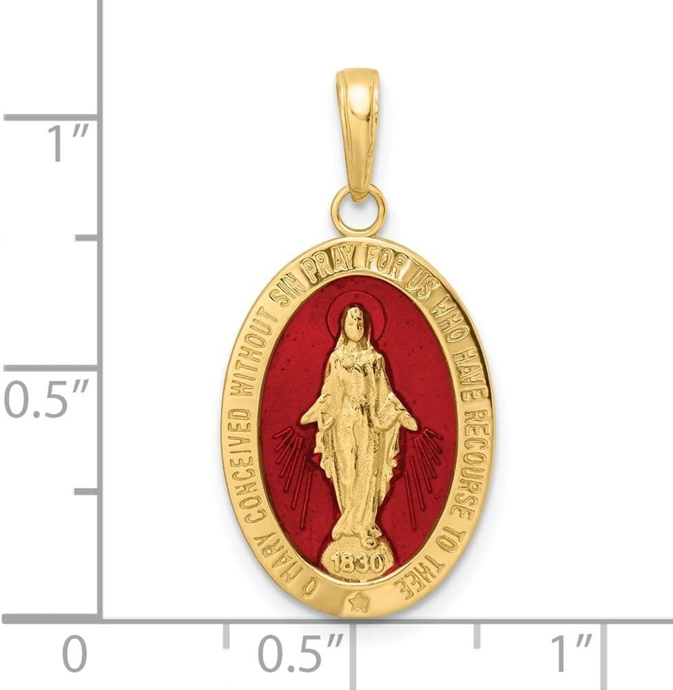 14K Yellow Gold Red Enameled Miraculous Medal Charm Pendant (L- 28.23 mm, W- 14.22 mm)