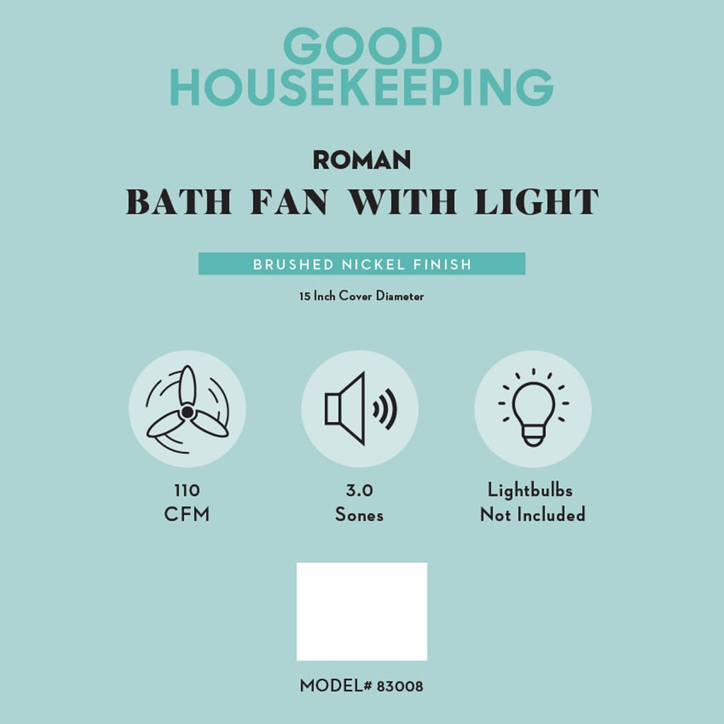 Good Housekeeping Roman (83008) Decorative 110 CFM 3.0 Sones Bathroom Ventilation Exhaust Fan with Light & Night-Light (Brushed Nickel)