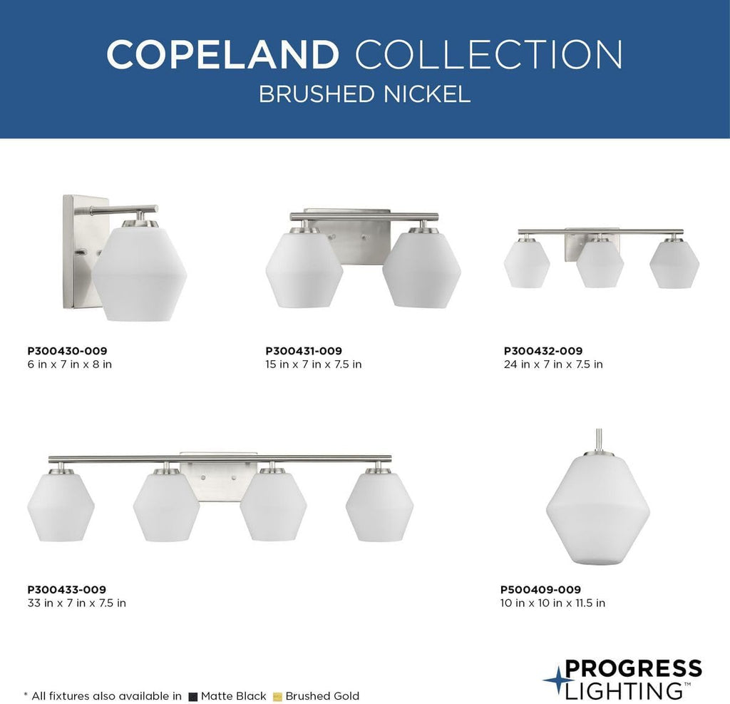 Progress Lighting P300433-009 Copeland Collection 33 in. Four-Light Brushed Nickel Vanity Light with Etched Opal Glass Shades