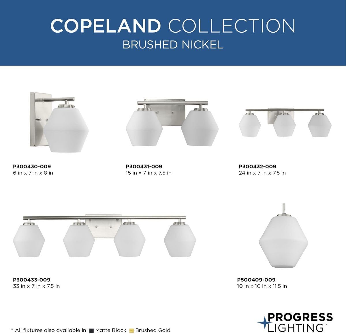 Progress Lighting P300433-009 Copeland Collection 33 in. Four-Light Brushed Nickel Vanity Light with Etched Opal Glass Shades