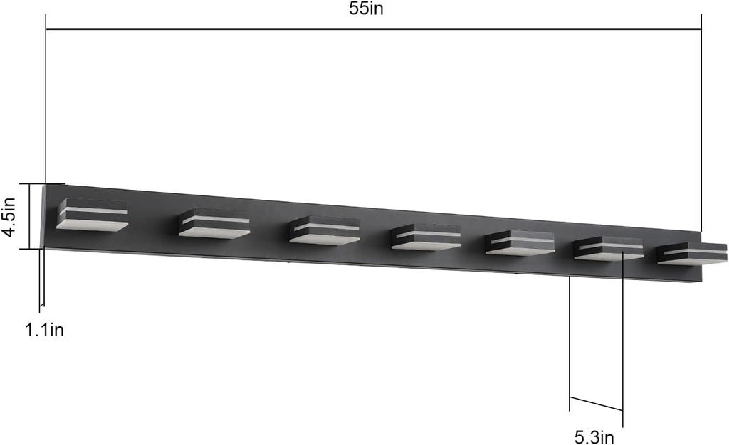 SineRise LED Modern Bathroom Vanity Light Fixtures (7-Light, 55-Inch), Matte Black Modern Acrylic Bathroom Wall Lighting Fixtures Over Mirror (Cool White 6000K)