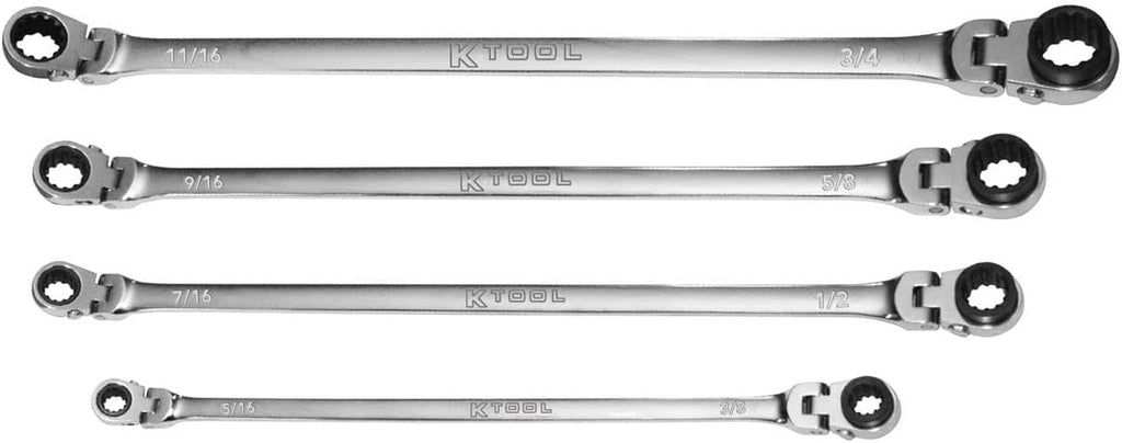 K Tool International KTIXDRF7 Extra Long Ratcheting Wrench Set, Reversible 90 Tooth Mechanism, Rotating Heads, Spline Drive Profile, Four Piece Configuration