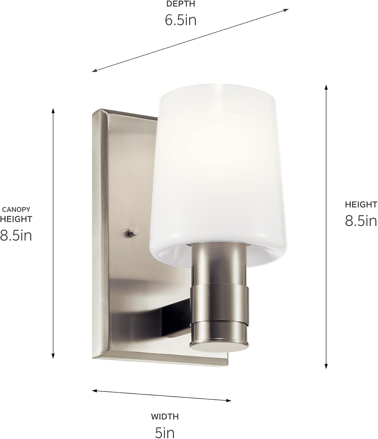 Kichler Adani 1-Light Wall Sconce, Modern Light with Opal Glass in Brushed Nickel, for Bathroom, Powder Room, Kitchen, Bedroom, or Hallway (8.5' x 5'), 55174NI
